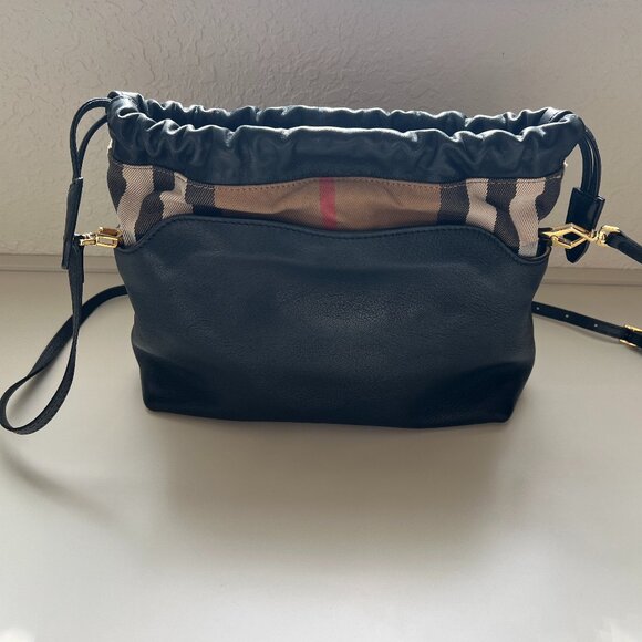 Burberry Peyton Navy Leather House Check Drawstring Crossbody - Picture 2 of 7